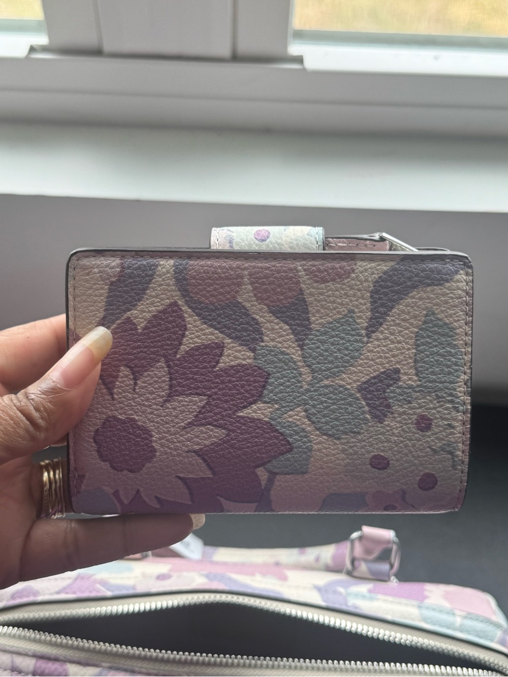 COACH Signature Canvas Satchel Wallet Set w/ Floral Print In Silver/Ivory/Purple - Picture 7 of 9